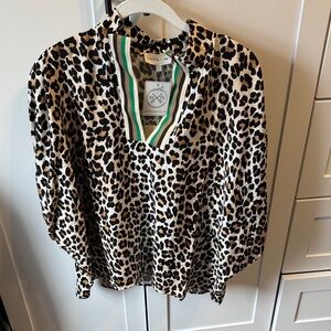 Entro Leopard Print Top with Green and White Accents